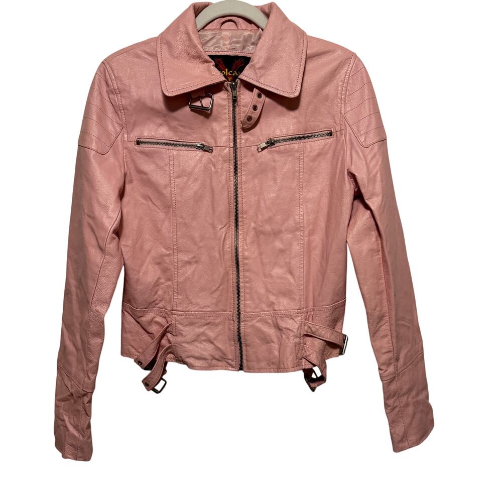 Pink Blush Leather Moto Jacket Large Quilted Detail Buckle Straps Edgy Biker